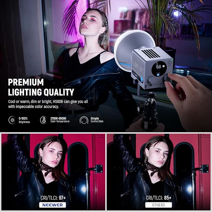 NEEWER HS60B Mini Video Light with App Control, 60W Handheld Portable Bi Color COB LED Continuous Output Lighting with 35000lux/1m 2700-6500K 0-100% PWM Dimming CRI/TLCI 97+ 12 Scenes USB Type C
