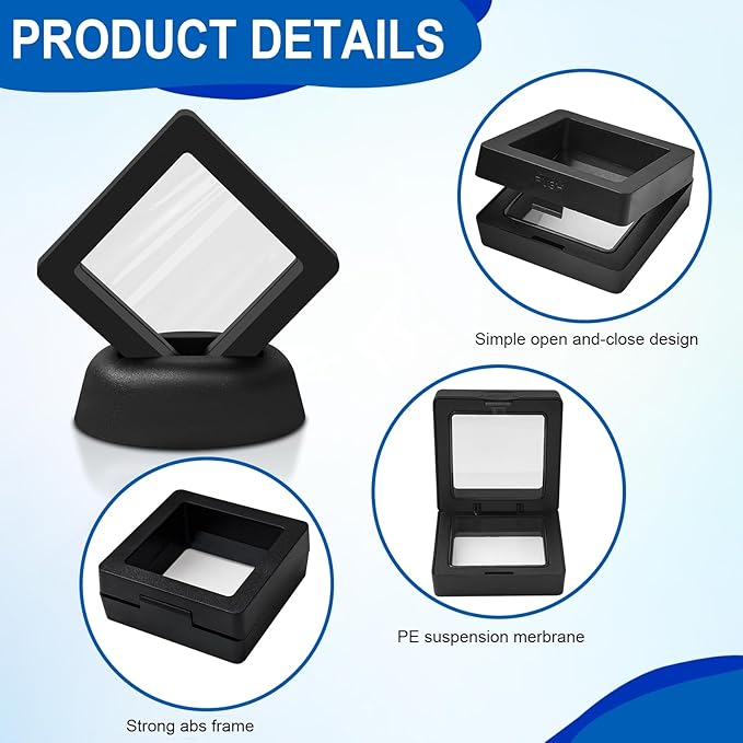 30PACK 3D Floating Frame Display Holder Stands PE Film Jewelry Storage Box Transparent Displays Cases for Medallion Challenge Coin Fossils Rocks,1.99 x 1.99 x 0.8 Inch