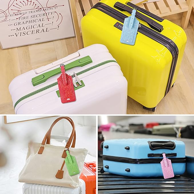 ACdream Luggage Tags 2 Pack, Leather Suitcase Tags Identifiers, Cute Cruise ID Labels with Privacy Cover fits on Backpack, Travel Bag, for Women, Men, Adults, Kids, Sky Blue Glitter