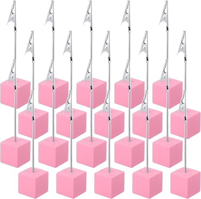 Gersoniel 20 Pcs Cube Base Memo Clip Holder with Alligator Clip Wood Table Number Holder Cube Base Place Card Stand Mini Photo Menu Stand for Displaying Number Card (Pink)