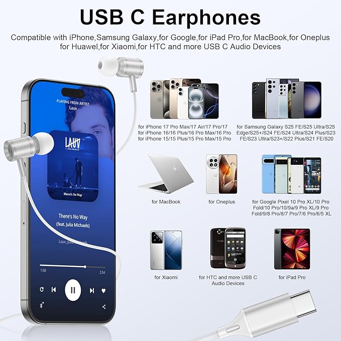 Wired Earbuds USB C Headphones for iPhone 17 Pro 17 Air 17 Pro Max 16e 16 Plus 16 Pro Max 16 Pro 15,Wired in-Ear Earphones USBC iPhone 17 Ear Buds with in-Line Microphone Call Control for Samsung S25