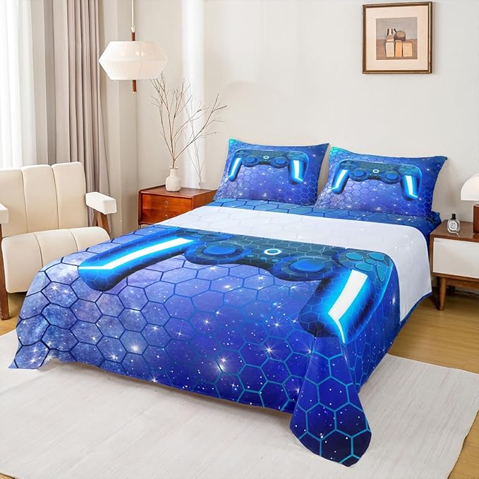 Gamer Sheet Sets for Boys Queen Size Video Games Gaming Bedding Set Blue Honeycomb Hexagon Print Fitted Sheet 3 Pcs Soft Microfiber All Season Machine Washable Flat Sheet with 2 Pillowcases
