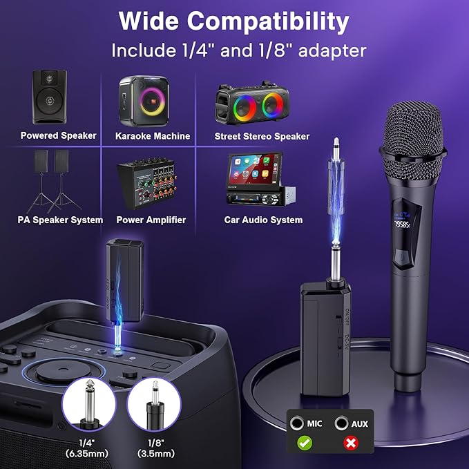 Wireless Microphone,Professional Dual Handheld Cordless Dynamic Mic System with Rechargeable Receiver,Plug & Play,Compatible with karaoke machines and PA systems for Speech,Church,Wedding,DJ,Party