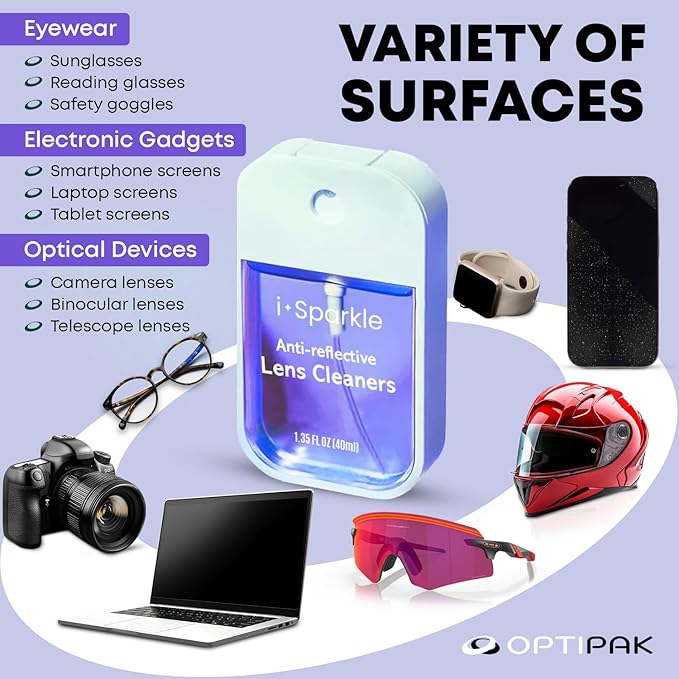 I-Sparkle Anti-Reflective Lens Cleaner Spray kit | (1x) 1.35oz Glasses Cleaner Spray + (1x) Microfiber Cloth for Eyeglasses, Sunglasses, Lenses, Screens and Camera Cleaning Kit (2 Piece Set)