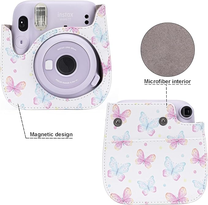 Frankmate Protective Case Compatible with Fujifilm Instax Mini 12 11 9 8 Instant Film Camera with Pocket and Adjustable Strap (Pink Butterfly)