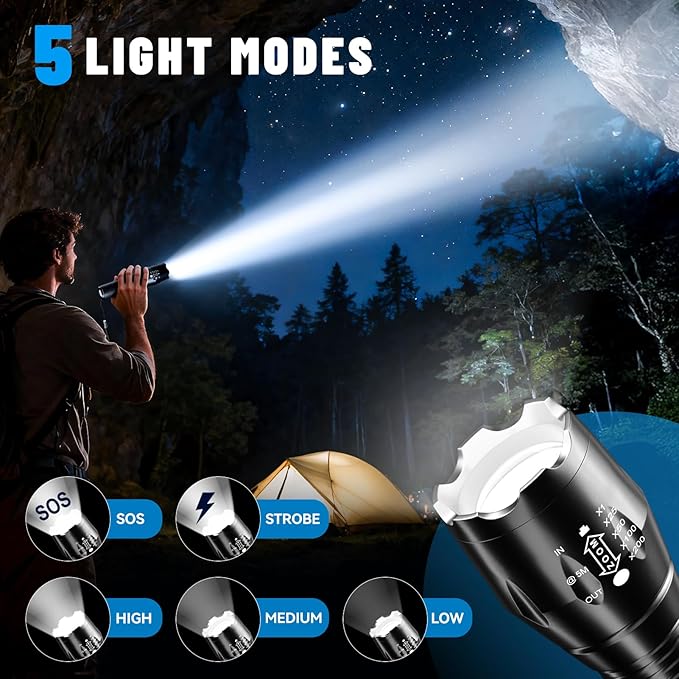 VIBELITE LED Flashlight High Lumens, 5 Modes Zoomable Waterproof Tactical Flashlight for Hiking, Camping Emergency, Cool Gadget Valentines Day Gifts for Him, Men, Teen Boys, Husband, Dad, 2 Pack