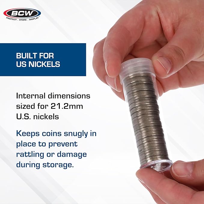 BCW Coin Tubes for US Nickels – 10ct | Durable Plastic Storage with Airtight Lids | Holders for Collectors