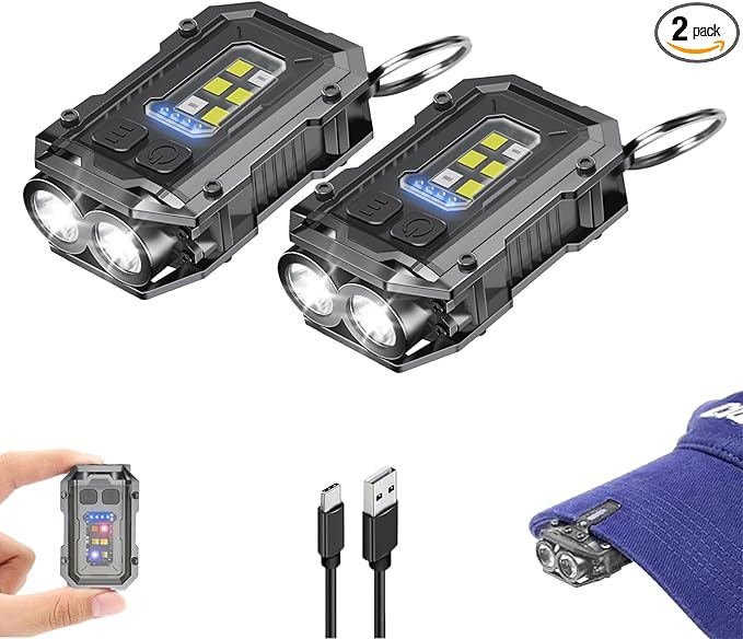 2PACK EDC Keychain Flashlight - Super Bright Mini Keychain Light with Hat Clip, Magnetic Base, Rechargeable Small Pocket Flash Lights for Emergency,Outdoor Activities,Walking Dog