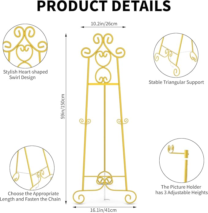 Gold Easel Stand for Sign, Vintage Decorative Adjustable Floor Metal Display Easel with Chain Support for Wedding Signs, Art, Posters, Pictures, Welcome Signs, Suitable for Home, Parties, Galleries