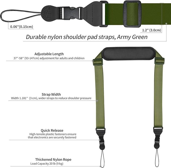 Universal Shoulder Strap, Neoprene Padded Bag Strap with Double Adjustable Buckles, Comfortable Neck Lanyard for Camera, Cellphone Tablet,iPad, Laptop, Binocular, Luggage Bag(Army Green)