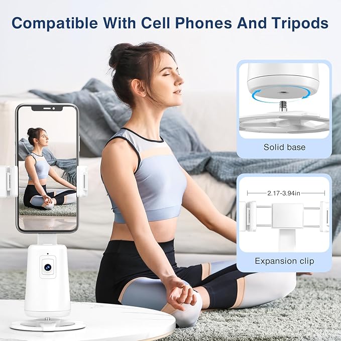 Auto Face Tracking Tripod 360° Rotating Cell Phone Photo and Video Kits Stand, No App, Camera Stand with Remote and Gesture Control, Rechargeable Smart Shooting Stand for Live Recording Tiktok（White）