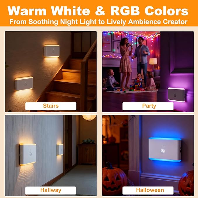 Motion Sensor Night Light 2-Pack, Long-Lasting Rechargeable Magnetic LED Nightlight, Warm & RGB Soft Dimmable, Wireless USB Auto Sensor Lights for Indoor Bedroom, Bathroom, Hallway, Stairs
