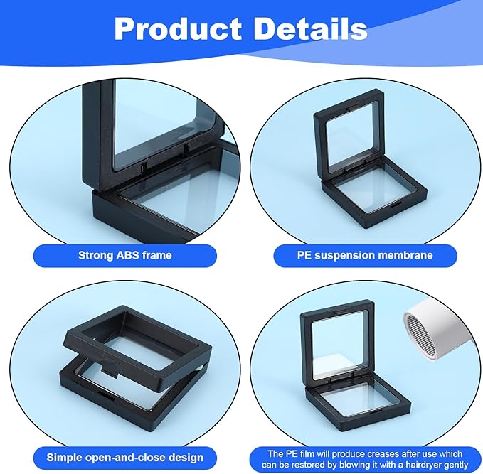 60 Pcs 3D Floating Display Case PE Film Jewelry Storage Box Coins Display Frame Holder Stands for Antique Challenge Coins, Medallion Shells Gems Rocks Pins (Black,2.76 Inch)