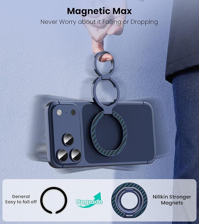 Nillkin MagSafe Phone Grip Ring Holder for Dual-Sided Magnet, Removable Magnetic Phone Ring Holder for iPhone 17/16/Pixel Snap Grip, Carbon Fiber, MagSafe Ring Stand, Accessories for iPhone, Blue