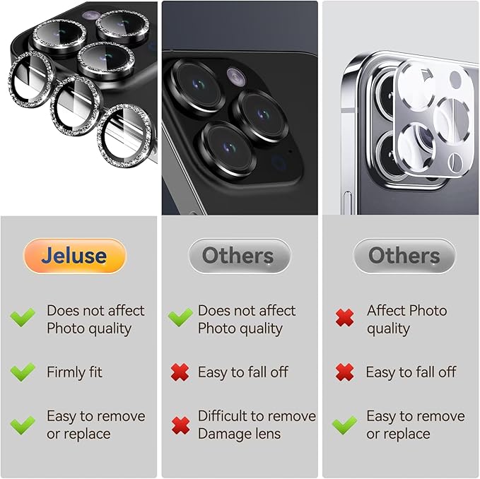 Jeluse Camera Lens Protector for iPhone 17 Pro Max/17 Pro/16 Pro Max/16 Pro/15 Pro Max/15 Pro/14 Pro Max/14 Pro, 9H Tempered Glass Screen Protector Cover Alignment Kit Metal Individual Ring