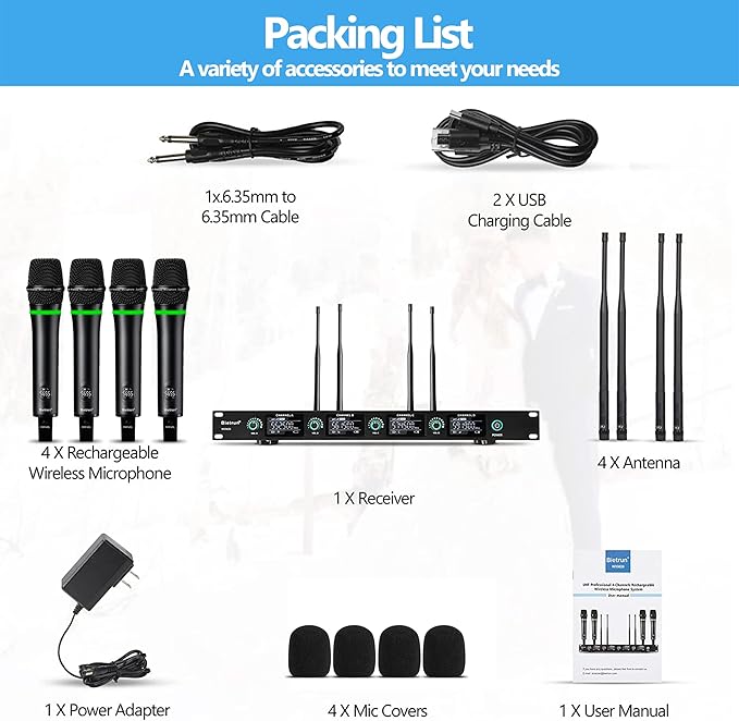 Bietrun 4-Channel Wireless Microphones System with 4 Rechargeable Handheld Mics, UHF Metal Dynamic Cordless Mics for Karaoke, Singing, Church, Family Theater(Auto Connect/295FT Range/Fixed Frequency)