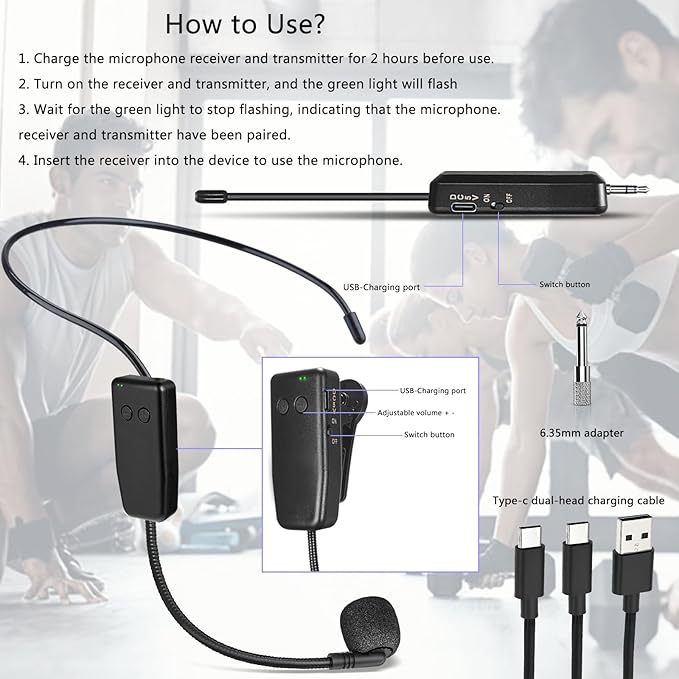 Wireless Dual Microphone Headset Professional: 2.4G Cordless Head Mic for 2 People - 160ft Range,1/8'' and 1/4'' Plug, for Singing, Tours, Speaker, Fitness, Voice Amplifier, PA System