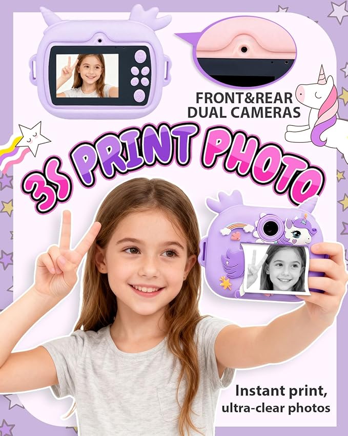 Kids Camera Instant Print, 1080P Kids Instant Cameras with Photo Printing and Fun Learning, Christmas Stuffers Birthday Gifts for Girls Age 3-12, Portable Toy for 3 4 5 6 7 8 9 10 Girls Boys, Purple