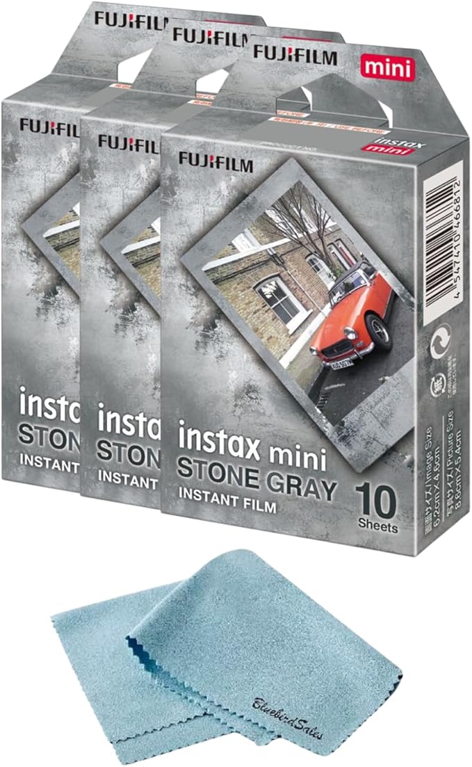 FUJIFILM Instant Mini Stone Gray Film Bundle 30 Shot with BluebirdSales Microfiber Cleaning Cloth, ISO 800, Credit-Card Size, Easy Load for All Instant MINI Cameras & Printers