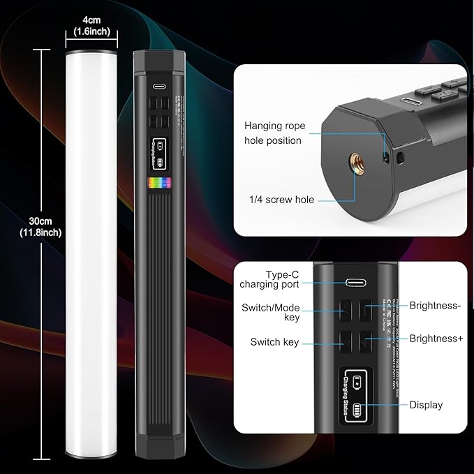 PULUZ 11.8" RGB Full Color Photography Light Stick, Holdable Magnetic LED Stick Fill Lights with 1/4 inch Screw Holes, Rechargeable Tube Light with 20 Lighting Effects for Photography Lighting