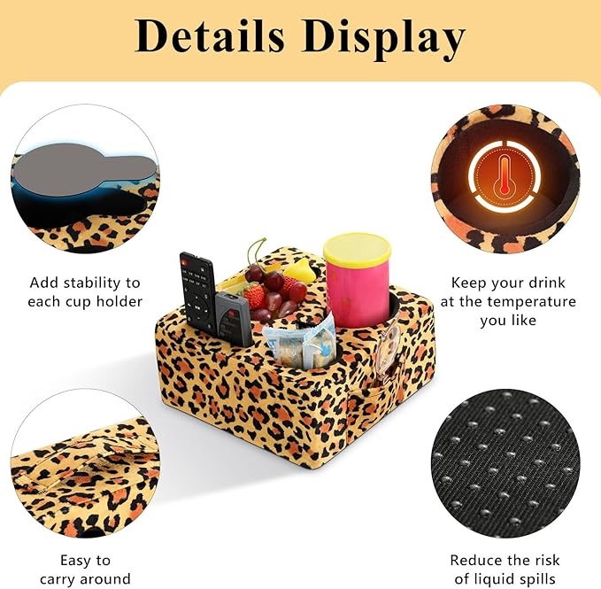 Luxspire Couch Cup Holder Tray, Couch Cup Holder Pillow with 4 Holes, Side Pocket and Handle, Couch Caddy Pillow for Phone/Drinks/Remote Control/Snacks, Leopard Print