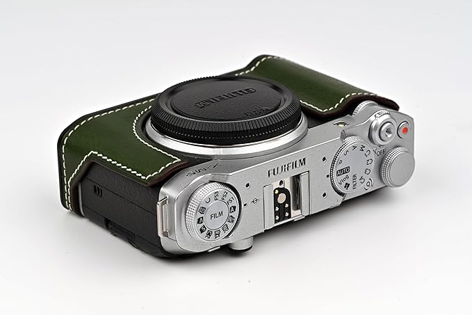 Handmade Genuine Leather Camera Half Case for Fujifilm X-M5/Fujifilm X-M5 Camera Case/Fujifilm X-M5 Case - Top Layer Cowhide Body + Metal Base Plate (Green M-Box)