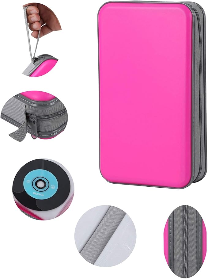 CD Case Holder,UENTIP 96 Capacity DVD Case Hard Plastic Case Holder CD Organizer Wallet Protective DVD Storage (96, Pink)