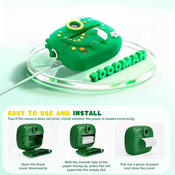 Kids Instant Print Camera with Dinosaur Silicone Cover,1080P HD Digital Video Cameras for Kids with Print Paper & SD Card,Christmas Birthday Gifts for Girls Boys 3-10 Years (Green)