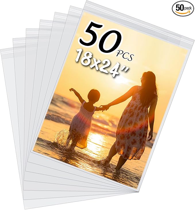 50 Pack Acid-Free Crystal Clear Sleeves Storage Bags for 18x24 Art Prints/Pictures/Photos/Framing Mat Mattes (Bag Size: 18 1/2" x24 2/5")
