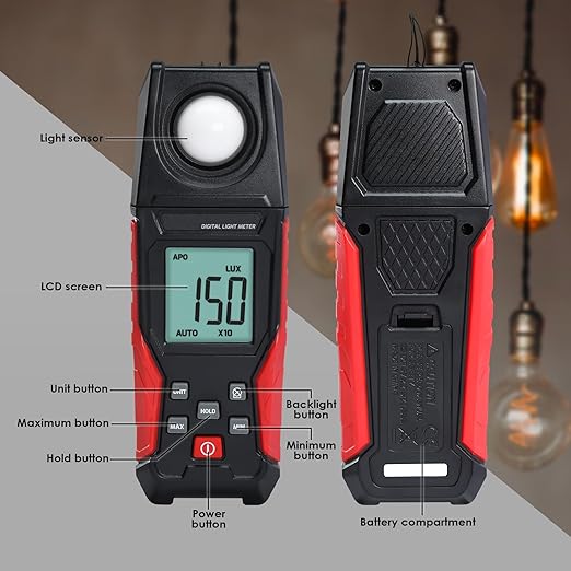 Light Meter Digital Illuminance Lux Meter 0.1~200,000 LUX (0.01~20000FC) with Backlight Luxmeter, Lighting Intensity Brightness Measurement for Indoor Outdoor Plants Film Photography Lumen Meter