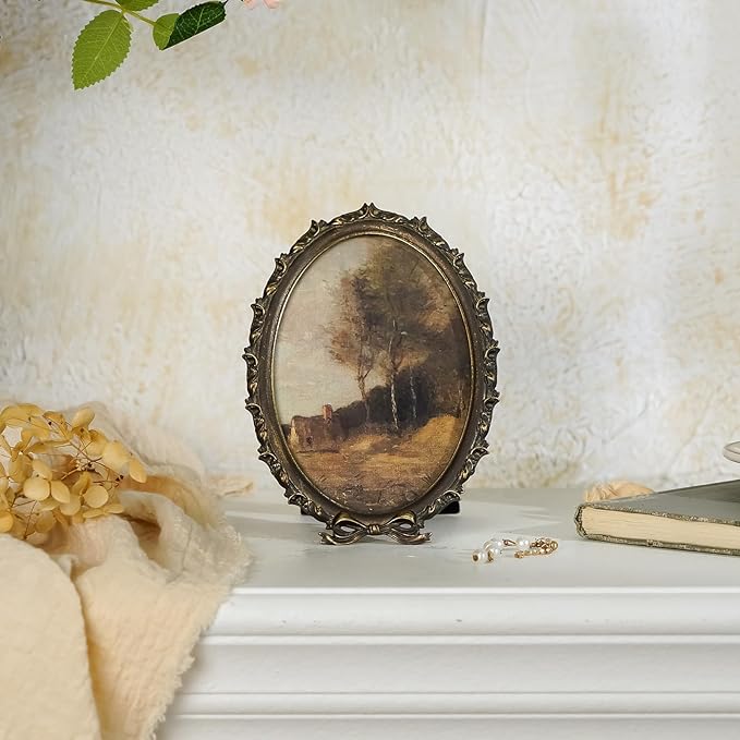 NIKKY HOME Vintage Photo Frame 4x5, Antique Oval Picture Frames, Bronze Gold Decorative Photo Frame with Stand and Glass Front for Tabletop Photos Display Gift Ideas