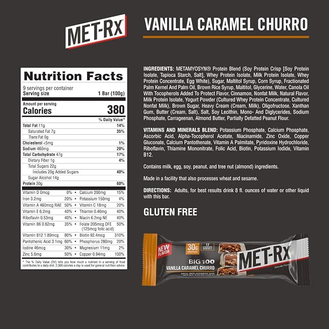 MET-Rx Big 100 Colossal Protein Bars, Vanilla Caramel Churro Meal Replacement Bars, Brown, 9 Count (Pack of 2)