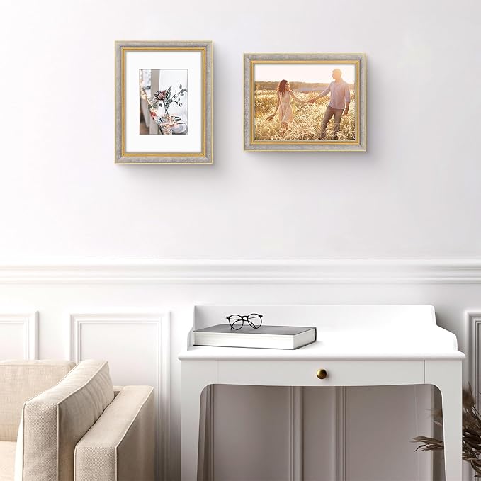 Golden State Art,9x12 Ornate Picture Frame for 6x8 Photo with Mat or 9 x 12 Prints without Mat, Real Glass Wall Display Horizontally or Vertically (Color:Antique Gray Gold)