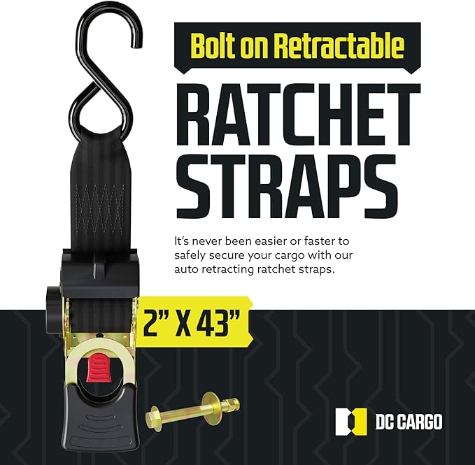 DC Cargo Mall Retractable Ratchet Straps Bolt-on (2 Pack) 2 Inch x 43 Inch - 1,100 lbs Break Strength Heavy Duty Auto Self Retracting Tie Down Straps for Boat, Jet Ski, Seadoo Accessories