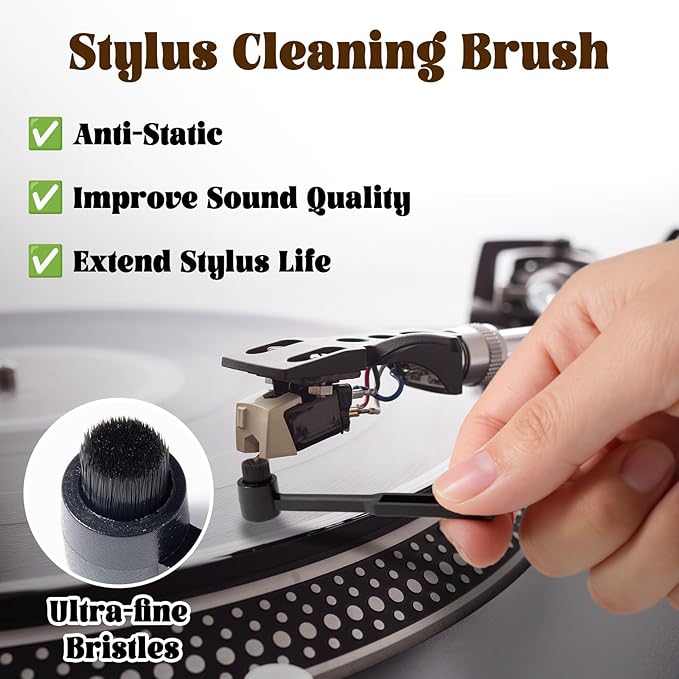 SIMPOR Vinyl Record Cleaning Kit with Stylus Brush, Anti Static Soft Velvet Record Brush Cleaner for LP Albums Turntable Player, Retro Wood Handle Dust Remover for Audiophile