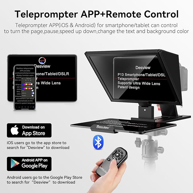 Desview P13 Portable Teleprompter for Camera Compatible with 12.9" Tablets Wireless Remote Control Foldable Sun Hood Lightweight (1.7kg) for Video Recording Vlogging Live Streaming