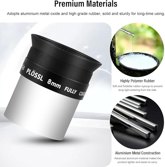 Astromania Telescope Plossl Eyepiece 8mm, 50 Degree Apparent Field of View Plossl Lens with Fully Multi Coated 4-Element, Metal Telescope Accessory for Standard 1.25 Inch Astronomy Filter Thread