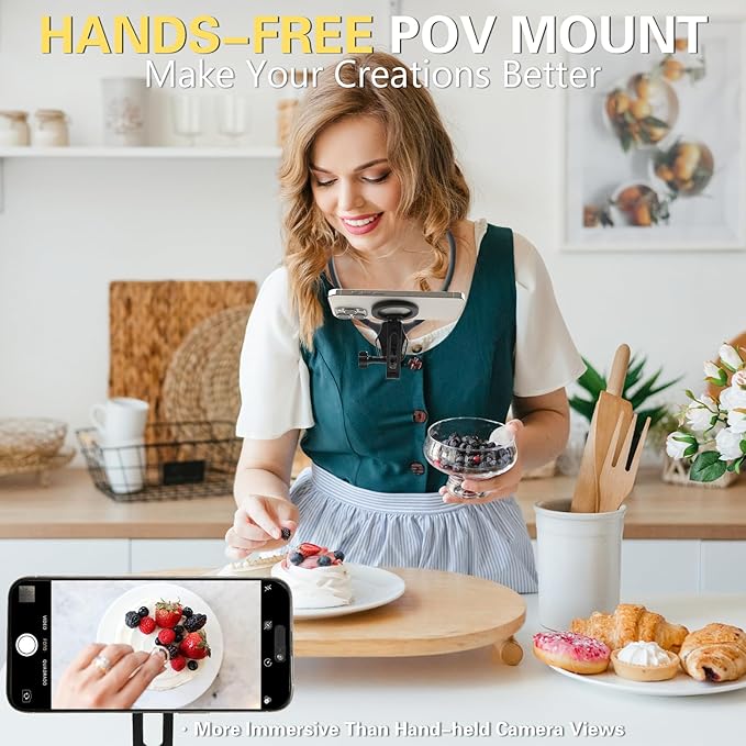 Beviliu Magnetic Neck Phone Holder for Recording, Hands Free POV/Vlog Neck Mount with Chest Strap, Video Filming for Cooking/Riding, Content Creator for iPhone 16 15 14 13 12 Android GoPro Insta360