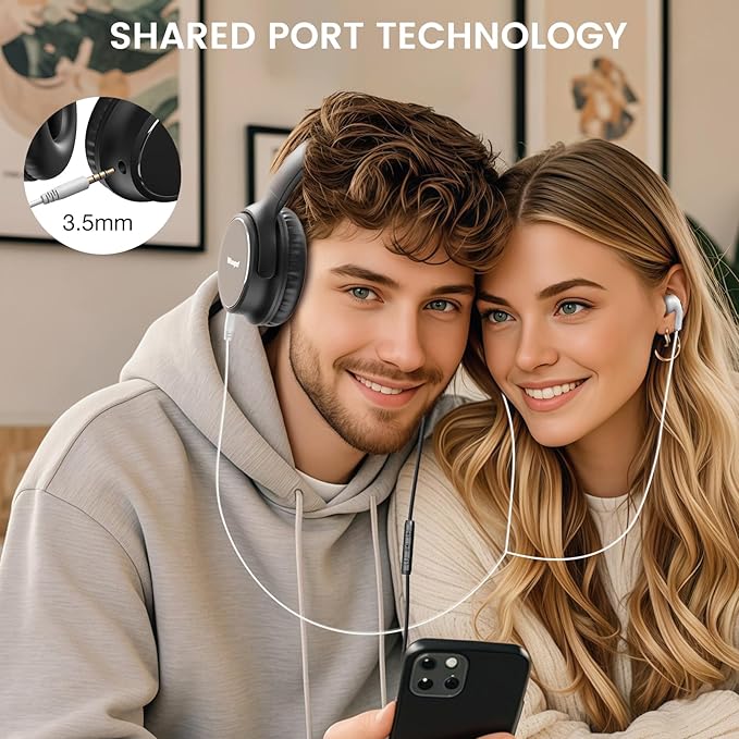 USB C Wired Over-Ear Headphones with Microphone, Volume Control, Share Port, and Adjustable Headband Foldable Stereo Headset for iPhone 16, Samsung, Laptop, Gaming, Travel