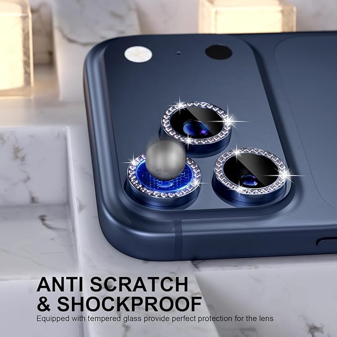 Choiche Compatible for iPhone 17 Pro/iPhone 17 Pro Max Camera Lens Protector Bling, 9H Tempered Glass Camera Cover Screen Protector Metal Ring Decoration Accessories (Diamond-Blue)