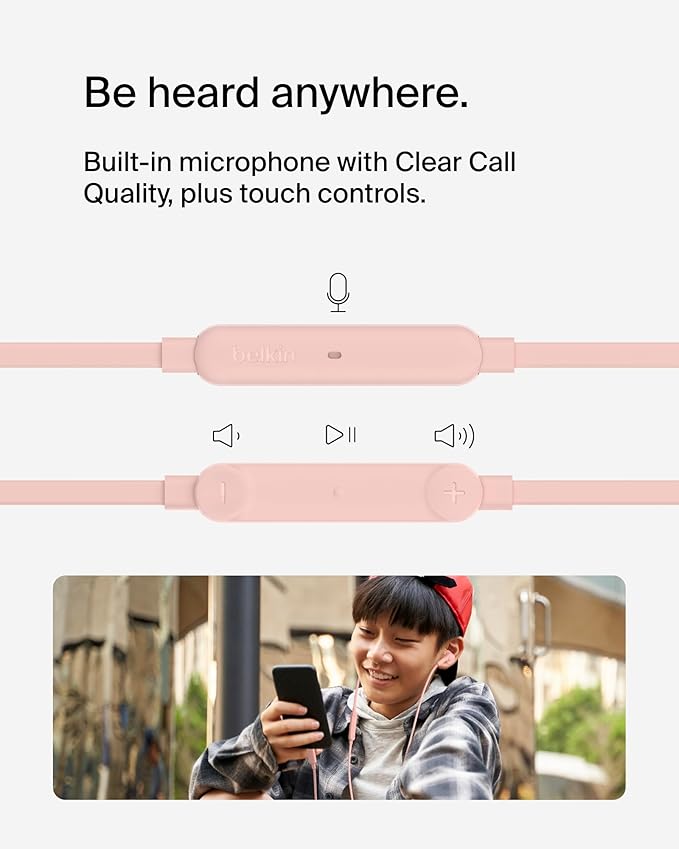 Belkin SoundForm Wired Earbuds with USB-C Connector, in-Ear Earphones w/Microphone - USB-C Headphones for iPhone 17, iPhone 16, iPad mini, Galaxy S25, Google Pixel 9, Android, and More - Pink