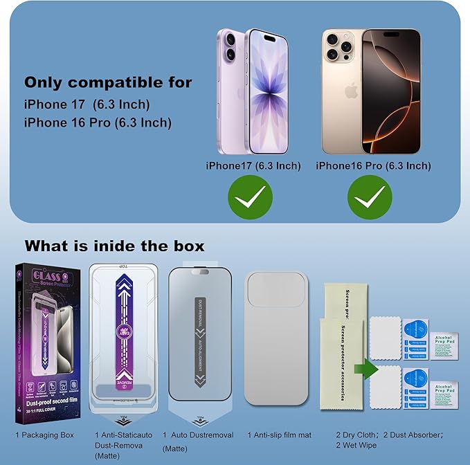 SHANG PIN JIA 2 Pack Matte Screen Protector for iPhone 17&16 Pro 6.3-Inch Auto Dust Removal, No Bubbles, Tempered Glass Film, Easy Installation
