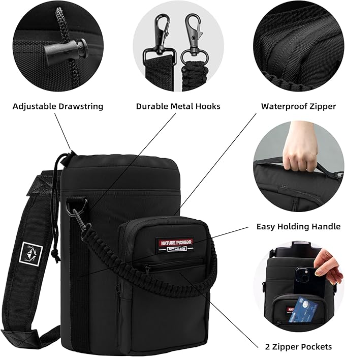 NATURE PIONEOR Water Bottle Holder with Adjustable Strap - Half/One Gallon (64/128oz) Insulated Water Bottle Sling Carrier with Phone Pocket & Paracord Handle, Outdoor Camping, Hiking, Gym