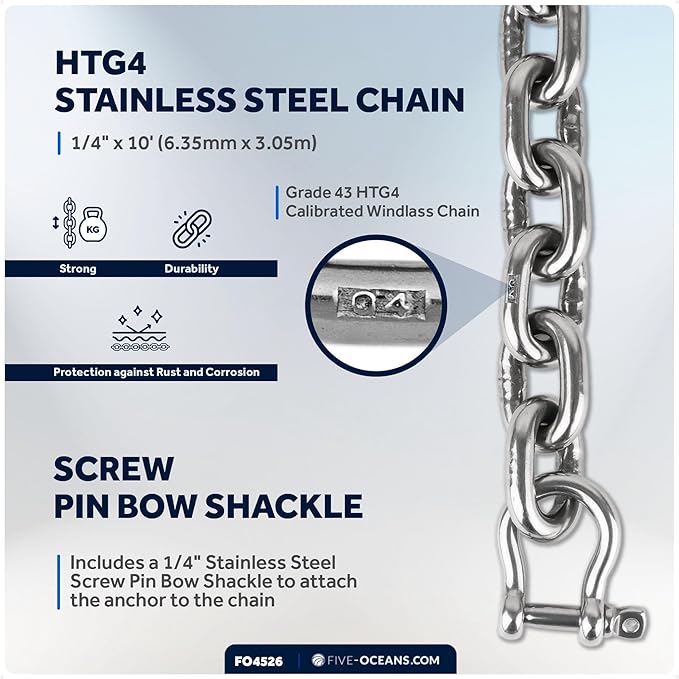 Five Oceans Windlass Anchor Rode, Hand-Spliced Anchor Rope and Chain Combination Kit, Nylon 3-Strand Rope, HT G4 Stainless Steel Chain for Boat Anchor System - Multiple Sizes