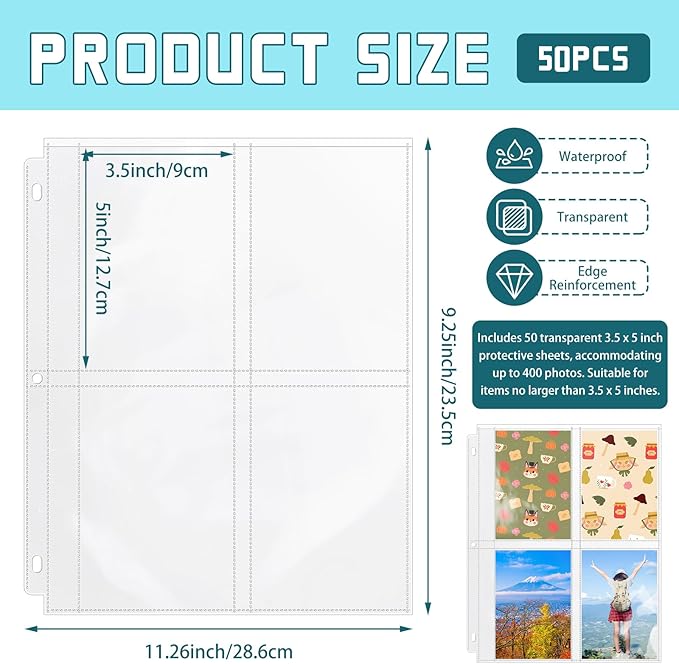 VOKOY 50 Pack 3.5" x 5" Clear Photo Sleeves for 3 Ring Binder, Double Sided 4-Pocket Sheet Protectors Archival Photo Album Index Card Refill Pages Storage Pockets Organizer, 400 Pockets