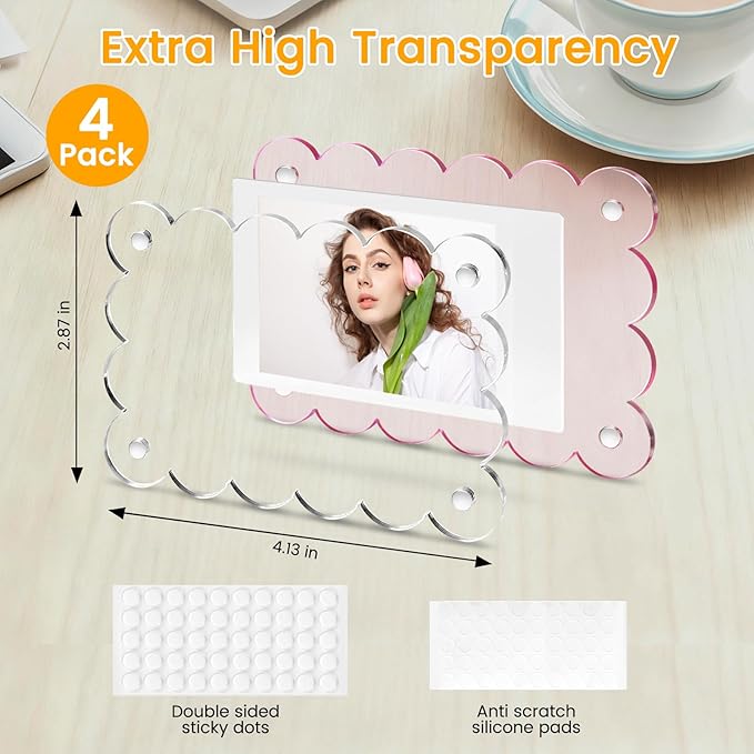 EZMeetU 4 Pack Acrylic Fridge Magnetic Frame for Polaroid, 2.36x3.54 In Mini Picture Frames Colorful for Fujifilm Instax Mini, 2 Sided Photo Refrigerator Magnet Picture Display Clear Frame Petal