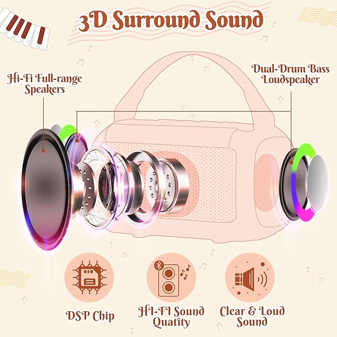 MALLMALL6 Mini Karaoke Machine with 2 Wireless Microphone for Kids Portable Bluetooth 5.3 Karaoke Mic LED Color Lights Speaker Christmas Birthday Family Home Party Toys Gift for Boys Girls Pink