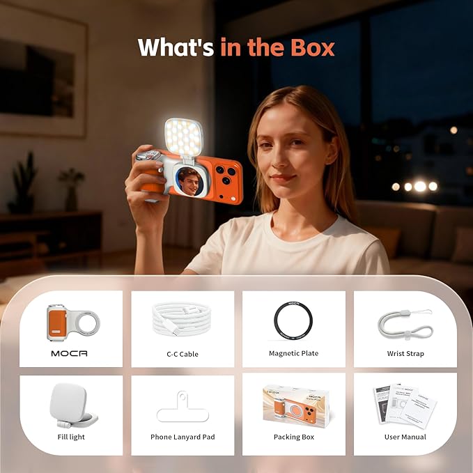 COMITOK iPhone Camera Grip MOCA with Magnet Fill Light & Mirror for 17 Pro iOS26 Native Camera, Fun Shot Magnetic Grip for Phone Compatible iOS17 and iOS18 with Anti-Drop Detachable Remote & Keychain