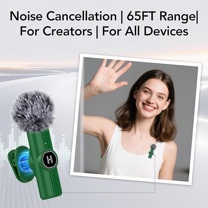 USB C Mini Wireless Lavalier Microphone for iPhone 15 16, iOS and Android Devices - Noise Reduction Lapel Mic for Recording, Clip Omni Lav Mic for Video Recording, Tiktok, Youtube, Vlog (Green)