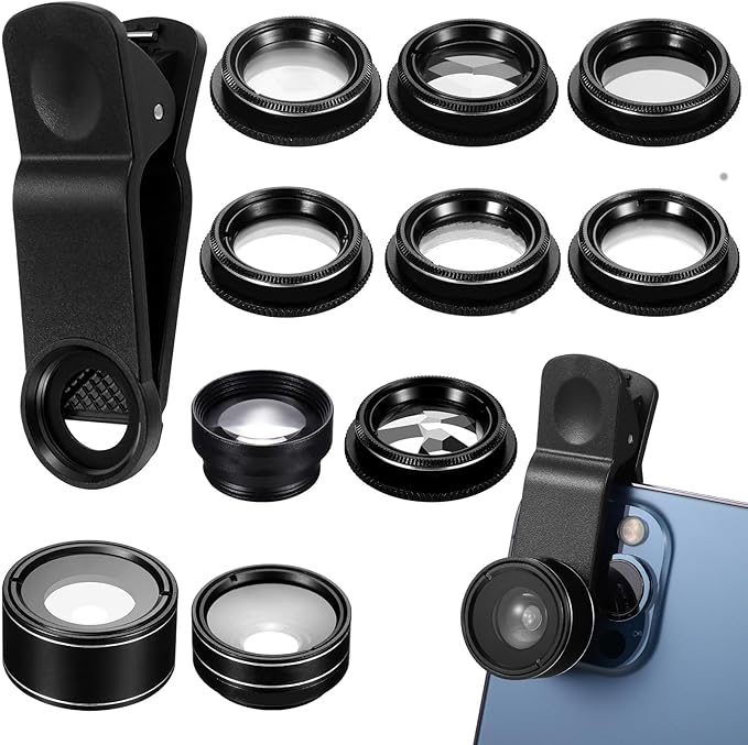 Beaupretty 11pcs Smartphone Camera Lens Kit with 198° Fisheye, 0.63x Wide Angle, Macro, 2X Telephoto, Cpl, Kaleidoscope, Star, Flow, Radial, and Soft Diffusion Lenses for Mobile Photography